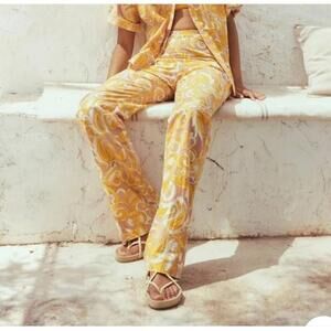 Mango Yellow Printed High Waist Flared Pants Cotton Womens Size M